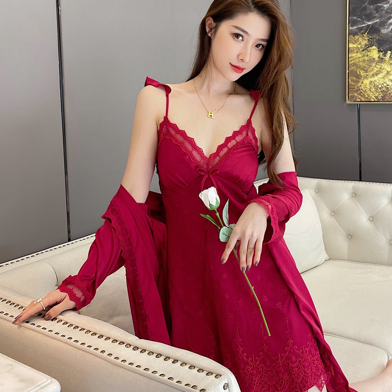 Sexy Pajamas Women New Spring And Summer Sling Lace Nightdress Two-Piece Ice Silk Net Red Night Gown Home Service - NJPH Best Selling 