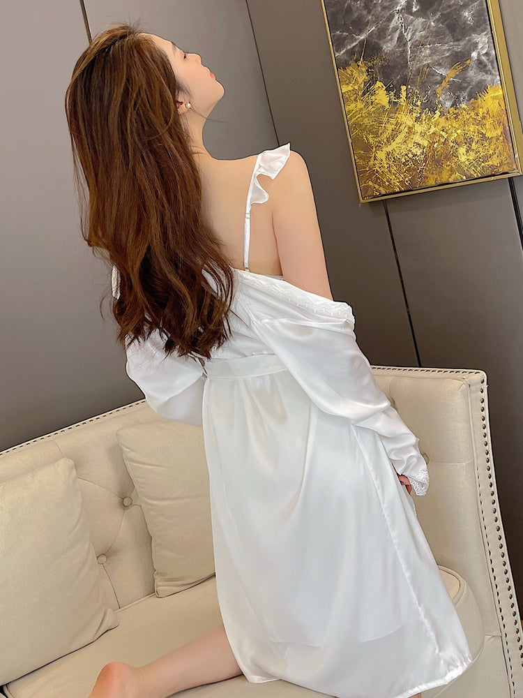 Sexy Pajamas Women New Spring And Summer Sling Lace Nightdress Two-Piece Ice Silk Net Red Night Gown Home Service - NJPH Best Selling 