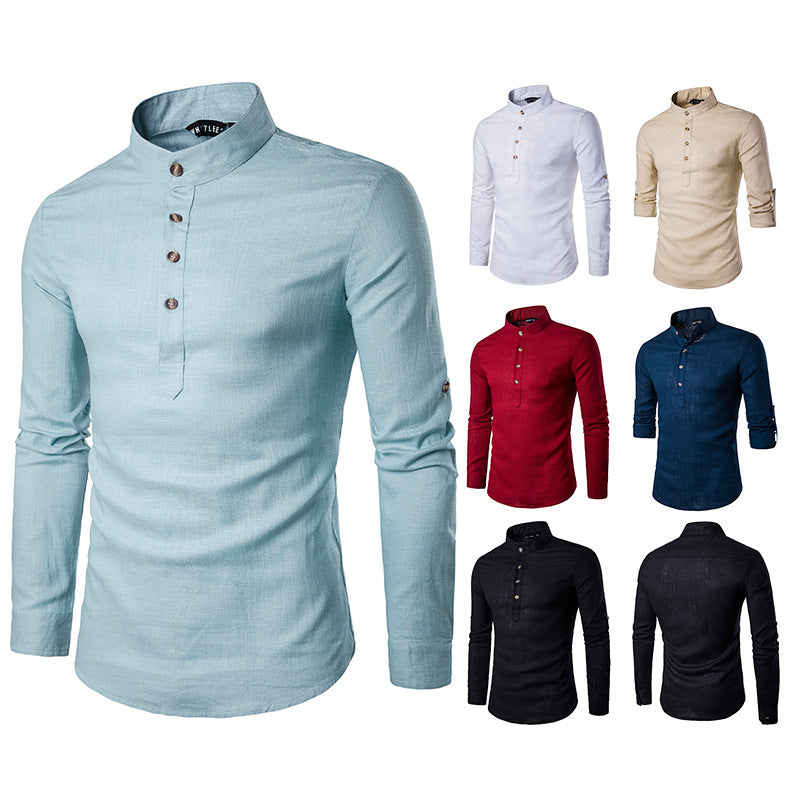 Casual Fashion European Size Solid Color Long-Sleeved Henley Collar Linen Stand-Up Collar Shirt - NJPH Best Selling 