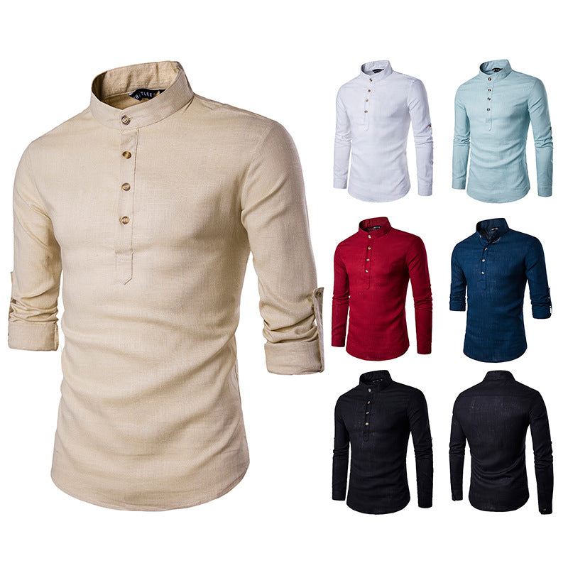 Casual Fashion European Size Solid Color Long-Sleeved Henley Collar Linen Stand-Up Collar Shirt - NJPH Best Selling 