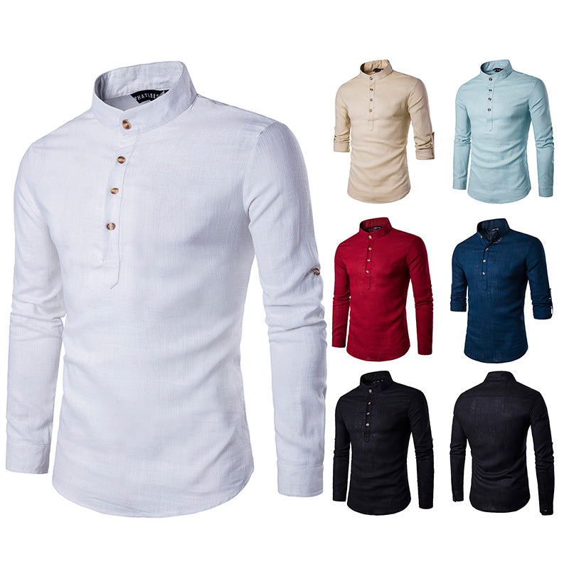 Casual Fashion European Size Solid Color Long-Sleeved Henley Collar Linen Stand-Up Collar Shirt - NJPH Best Selling 