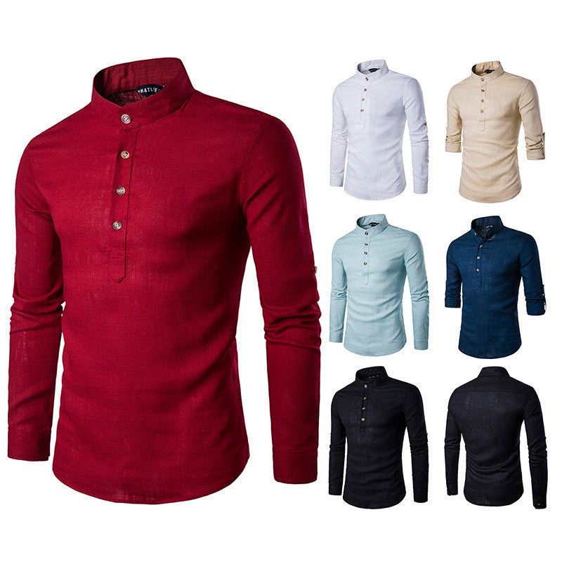 Casual Fashion European Size Solid Color Long-Sleeved Henley Collar Linen Stand-Up Collar Shirt - NJPH Best Selling 