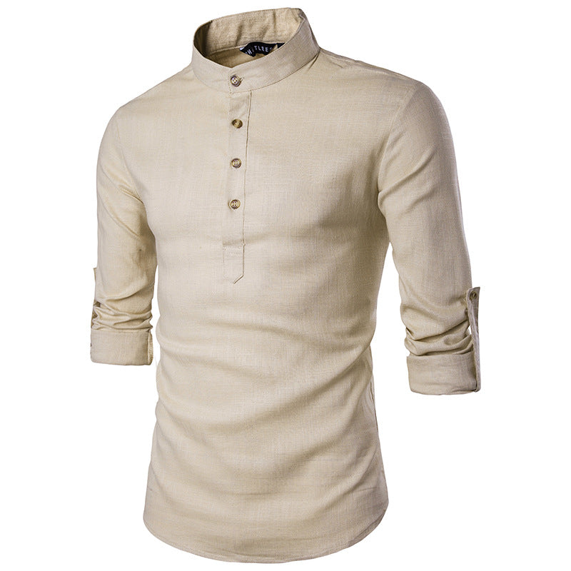 Casual Fashion European Size Solid Color Long-Sleeved Henley Collar Linen Stand-Up Collar Shirt - NJPH Best Selling 