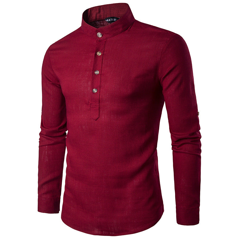 Casual Fashion European Size Solid Color Long-Sleeved Henley Collar Linen Stand-Up Collar Shirt - NJPH Best Selling 