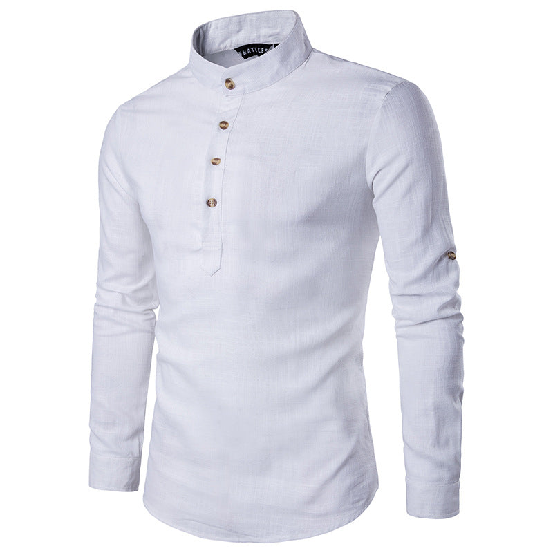 Casual Fashion European Size Solid Color Long-Sleeved Henley Collar Linen Stand-Up Collar Shirt - NJPH Best Selling 