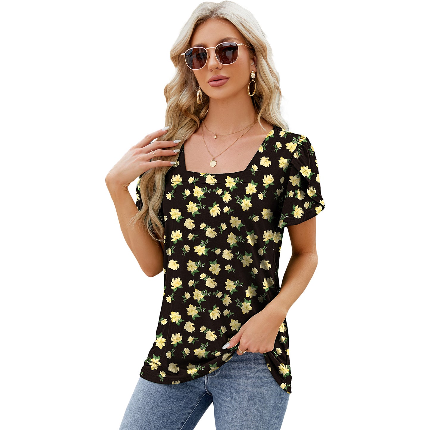 Summer Top Fashion Square Neck Printed Short-sleeved T-shirt With Petal Sleeve Design Bohemian Beach Loose T-shirt For Womens Clothing - NJPH Best Selling 