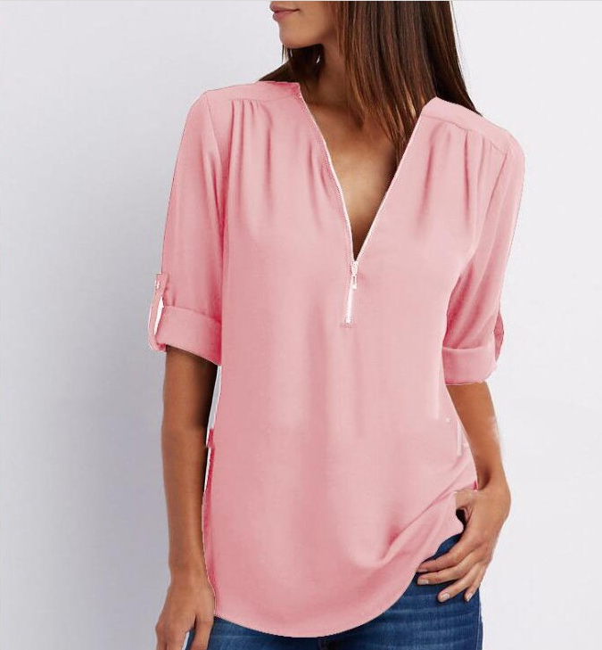 Zip V-neck Shirts Women Short Sleeve Loose Tops - NJPH Best Selling 