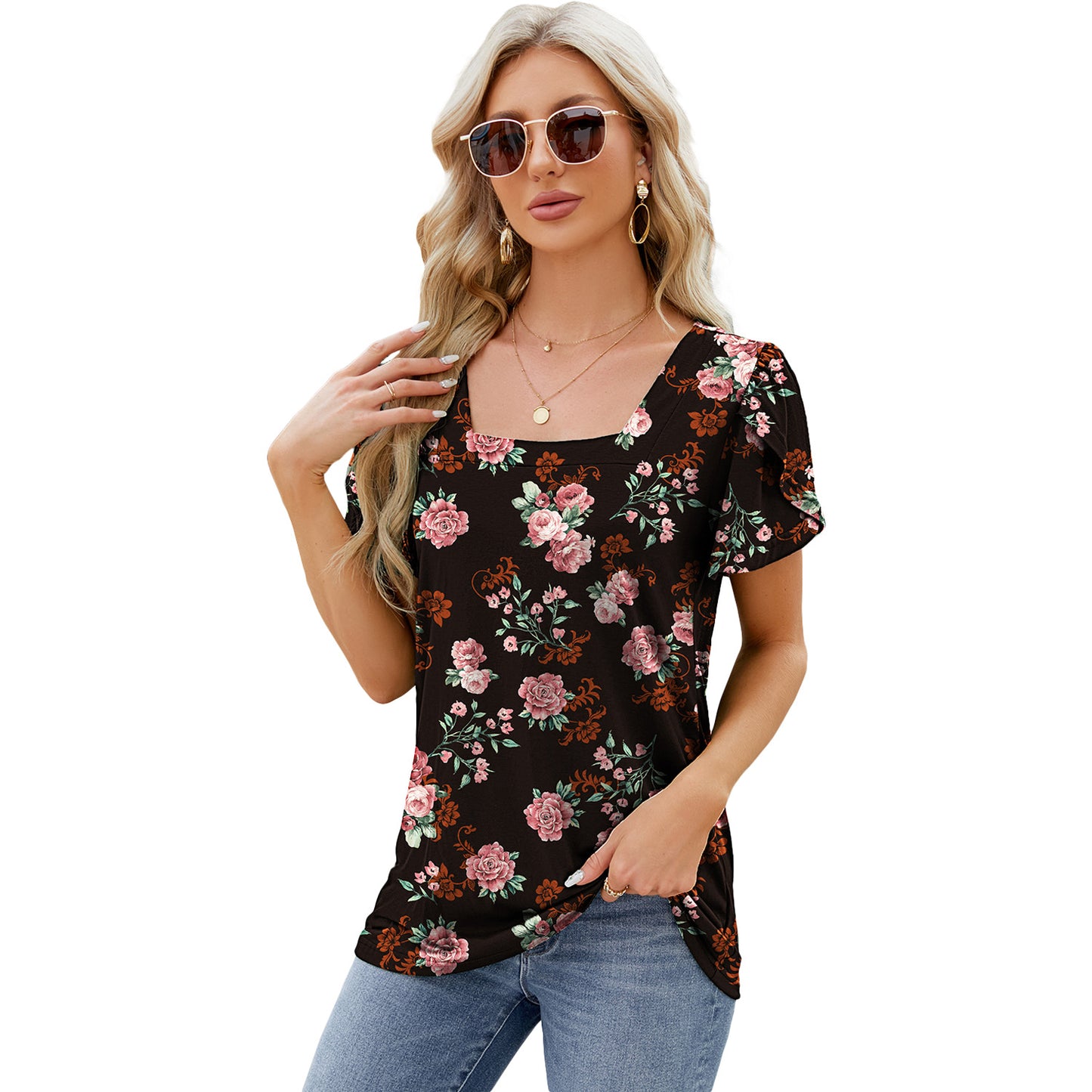 Summer Top Fashion Square Neck Printed Short-sleeved T-shirt With Petal Sleeve Design Bohemian Beach Loose T-shirt For Womens Clothing - NJPH Best Selling 