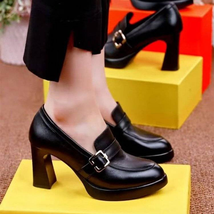 Thick Soled Thick Heels Fashion Shoes Deep Cut Women's Leather Shoes - NJPH Best Selling 