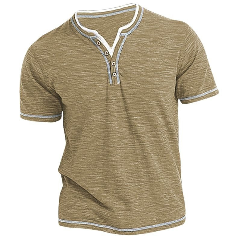 Colored Cotton Small V-neck Cardigan Men's Casual Short Sleeve Henley Shirt - NJPH Best Selling 