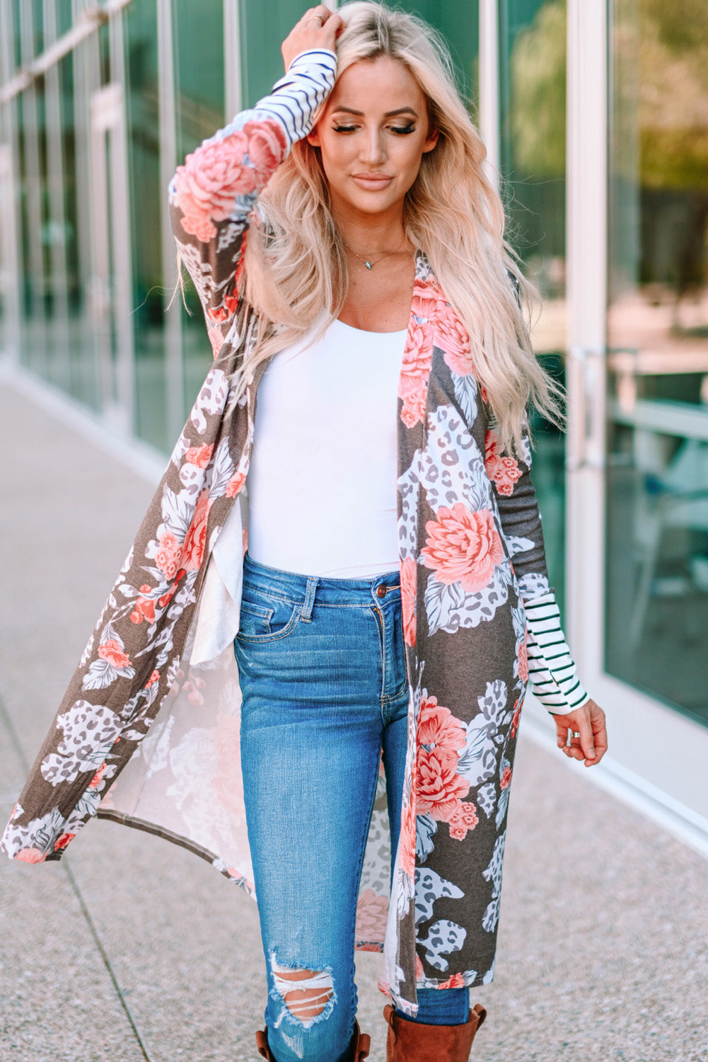 Stripe Detail Sleeve Floral Print Cardigan - NJPH Best Selling 