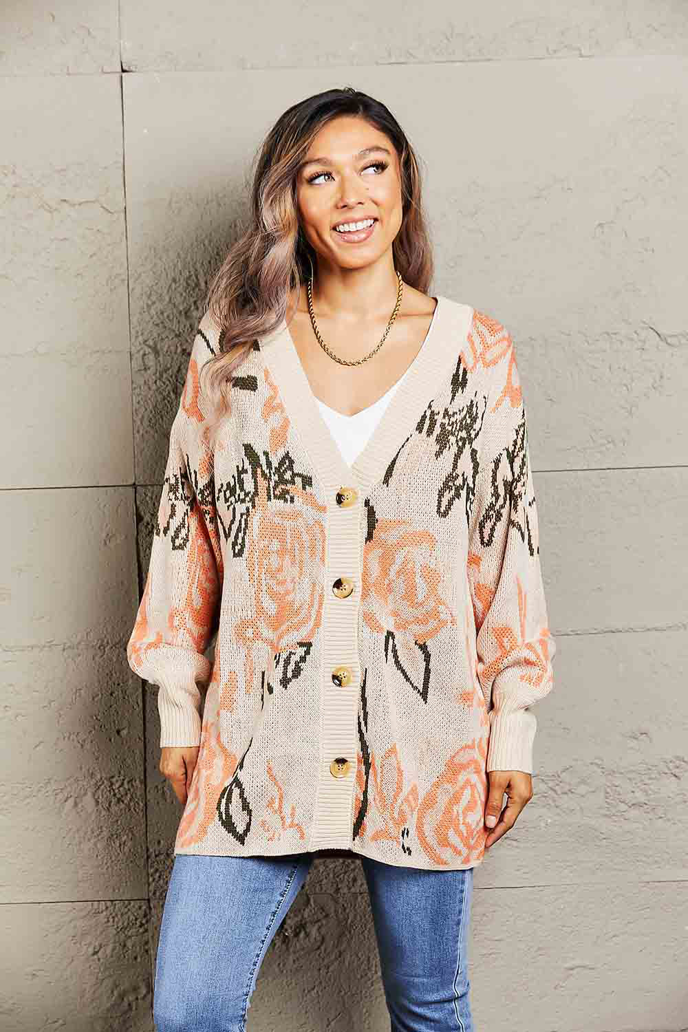 Woven Right Floral Pattern Ribbed Trim Cardigan - NJPH Best Selling 