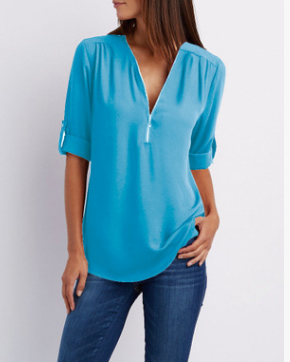 Zip V-neck Shirts Women Short Sleeve Loose Tops - NJPH Best Selling 