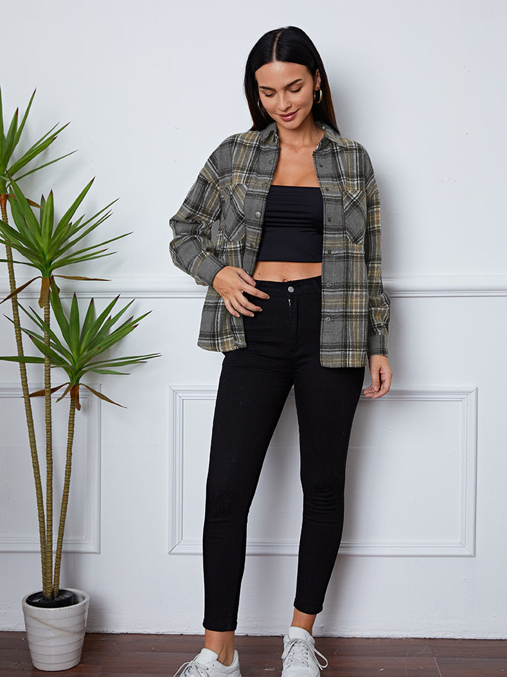 Plaid Snap Down Long Sleeve Shacket - NJPH Best Selling 