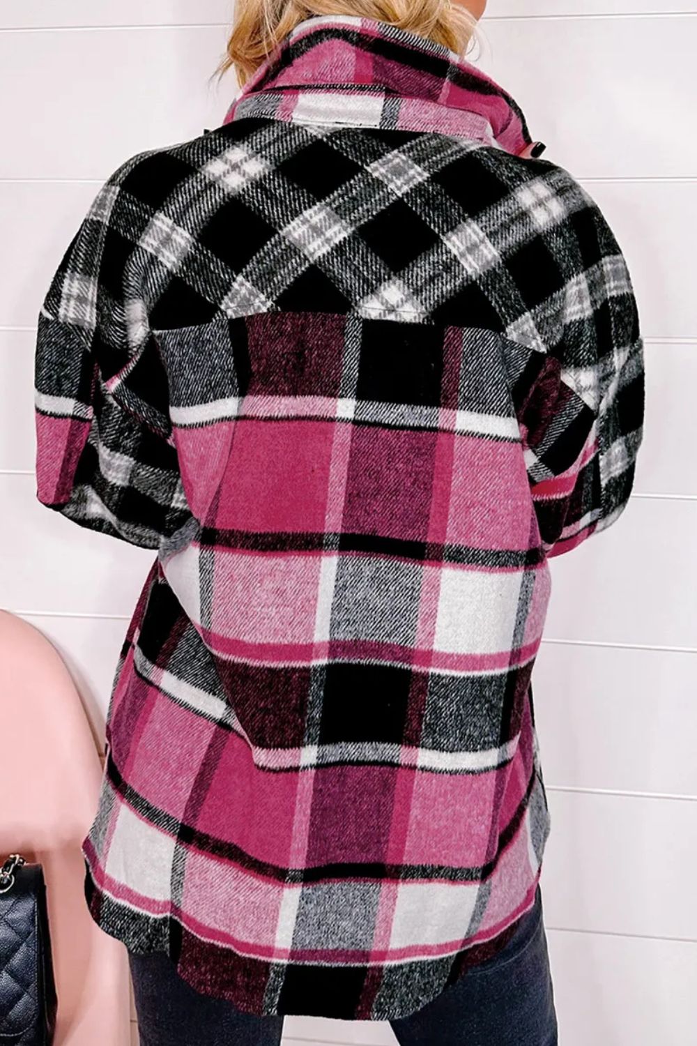 Pocketed Plaid Collared Neck Long Sleeve Shacket - NJPH Best Selling 