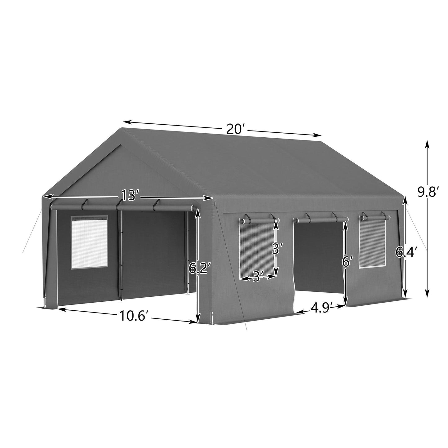 13x20 Ft Heavy Duty Carport Car Canopy Car Boat Shelter With Roll Up Doors & Windows And Removable Sidewalls