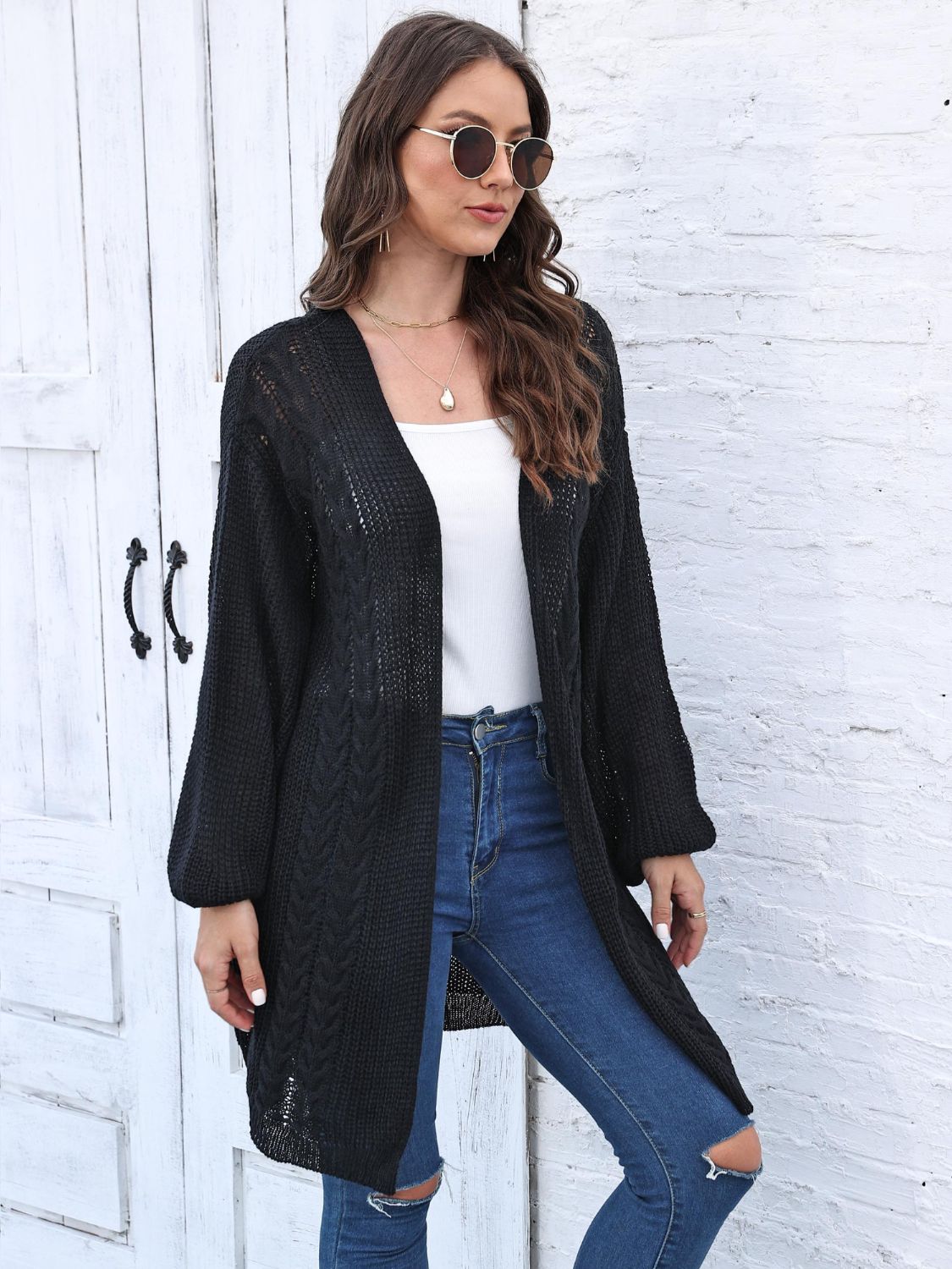 Cable-Knit Open Front Long Sleeve Cardigan - NJPH Best Selling 