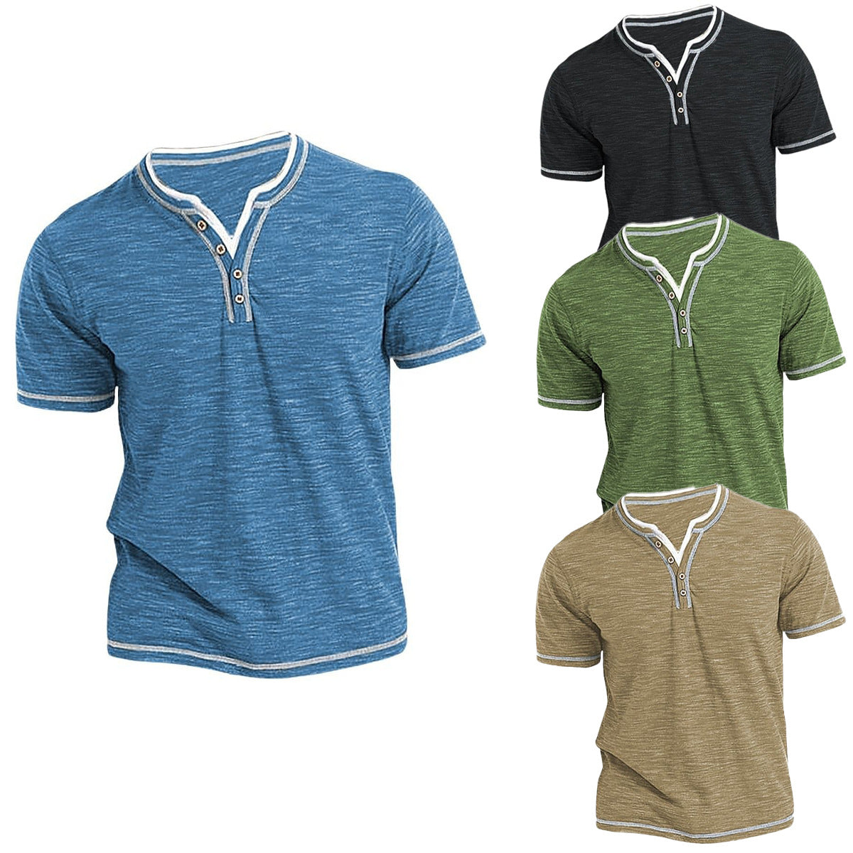 Colored Cotton Small V-neck Cardigan Men's Casual Short Sleeve Henley Shirt - NJPH Best Selling 