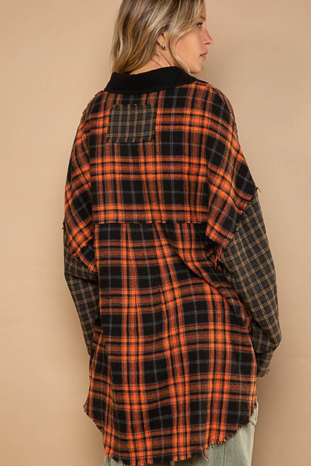 POL Plaid Contrast Long Sleeve Raw Hem Shacket with Chest Pockets - NJPH Best Selling 