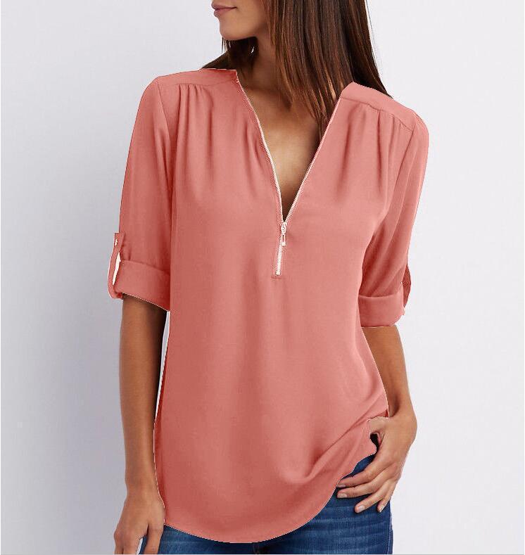 Zip V-neck Shirts Women Short Sleeve Loose Tops - NJPH Best Selling 