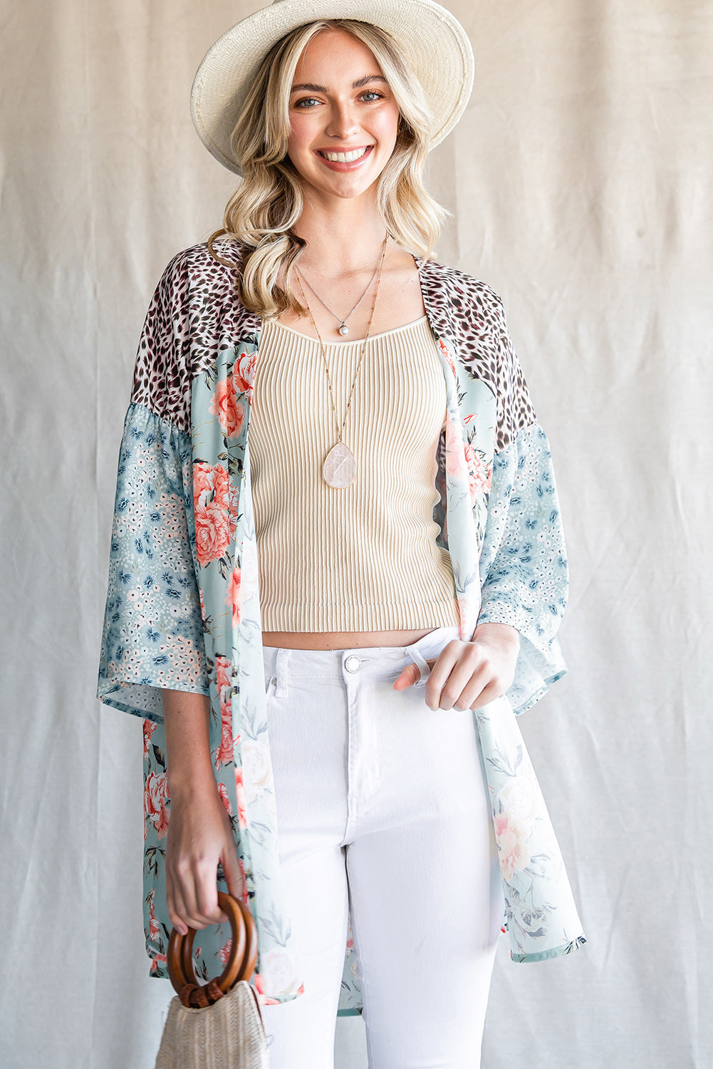 Animal Print Floral Three-Quarter Sleeve Cardigan - NJPH Best Selling 