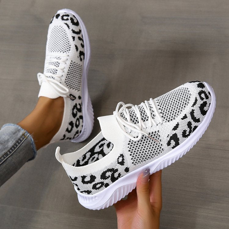 White Shoes Women Leopard Print Lace-up Sneakers Sports - NJPH Best Selling 