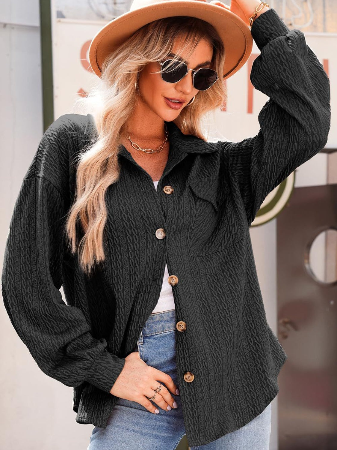 Textured Button Up Long Sleeve Shacket - NJPH Best Selling 