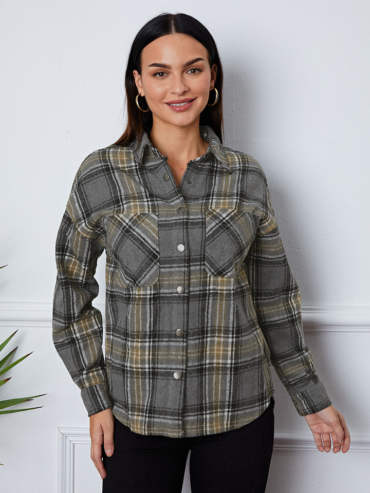 Plaid Snap Down Long Sleeve Shacket - NJPH Best Selling 