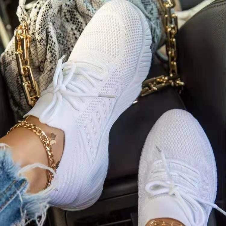 Tennis Female Fashion Women Large Size Platform Solid Color Lace-up Flying Knitted Sneakers Outdoor Walking Shoes - NJPH Best Selling 