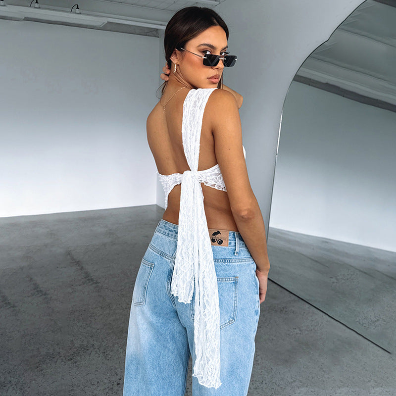 Ins Lace Backless Top Summer Solid Color Waistless Asymmetrical Sloped Neck Vest Streetwear Womens Clothes - NJPH Best Selling 