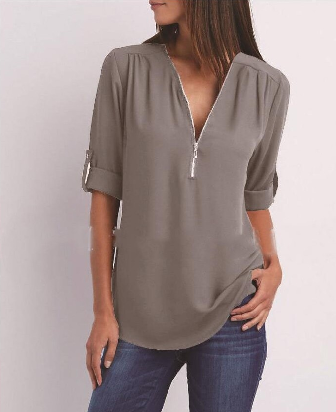 Zip V-neck Shirts Women Short Sleeve Loose Tops - NJPH Best Selling 