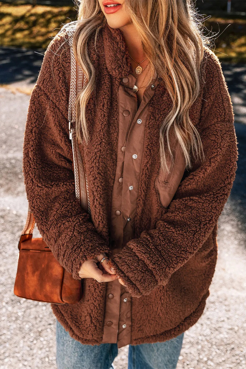 Fuzzy Snap Down Dropped Shoulder Jacket - NJPH Best Selling 