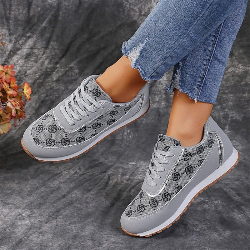 Flower Print Lace-up Sneakers Casual Fashion Lightweight Breathable Walking Running Sports Shoes Women Flats - NJPH Best Selling 