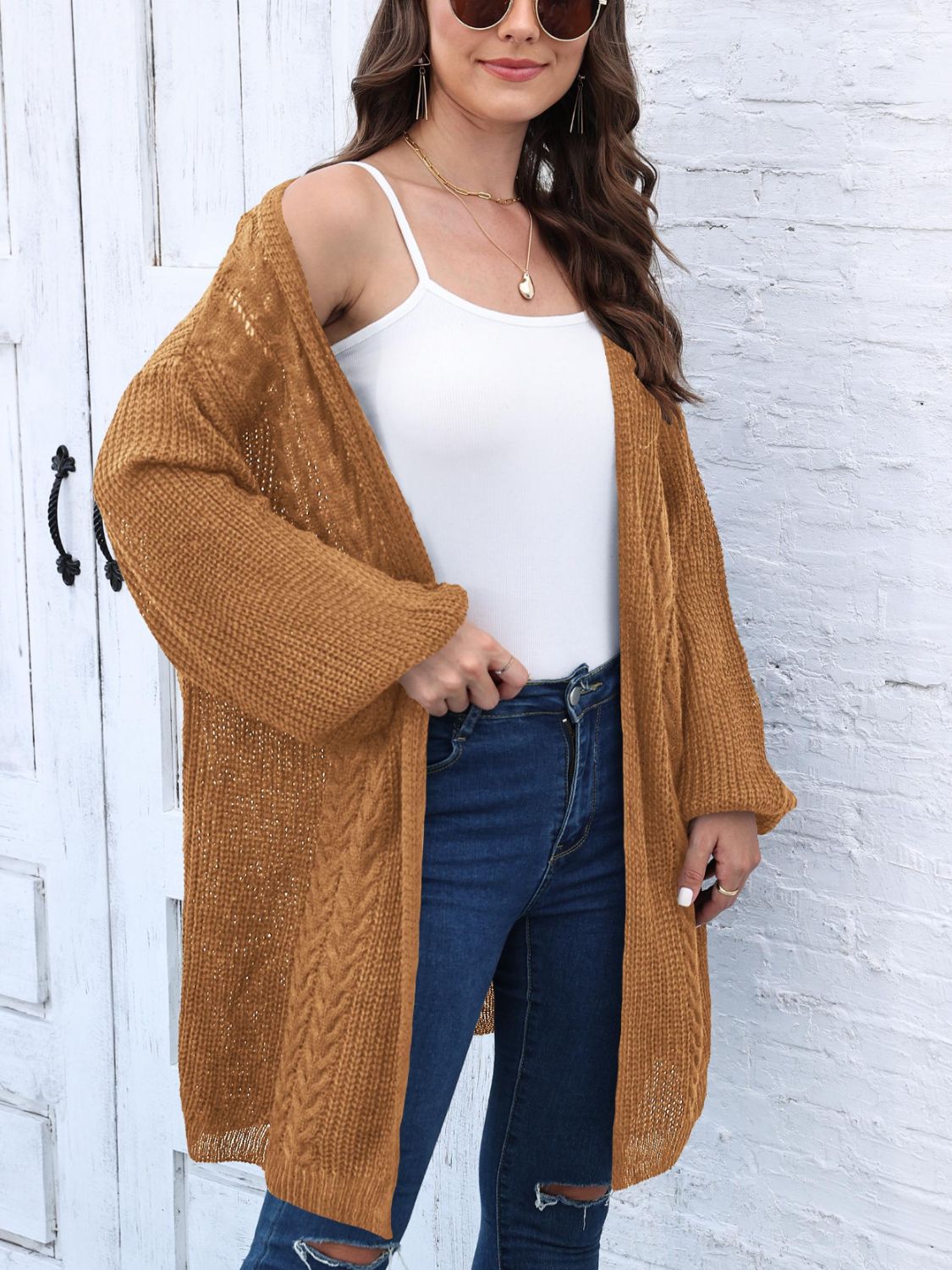 Cable-Knit Open Front Long Sleeve Cardigan - NJPH Best Selling 