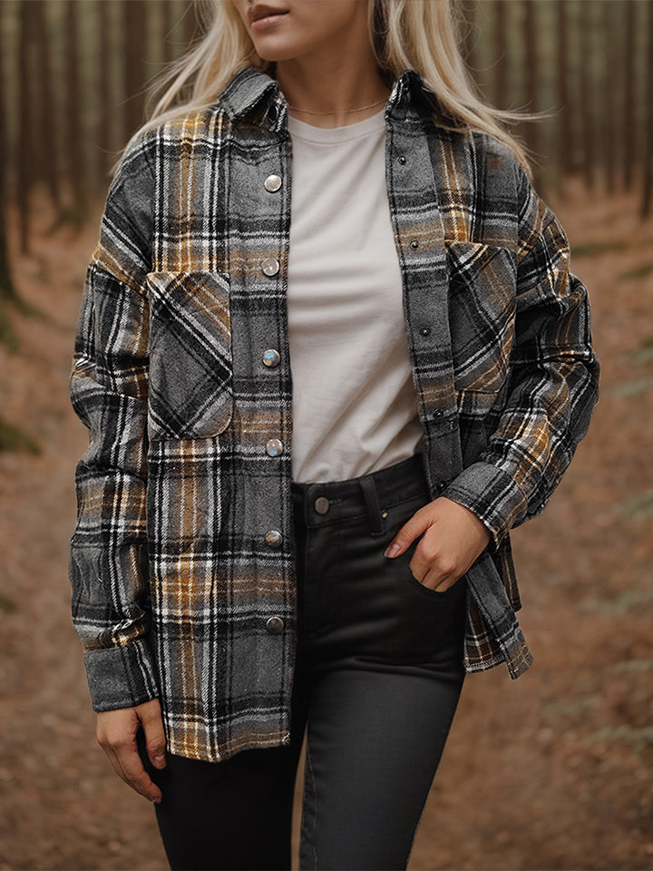 Plaid Snap Down Long Sleeve Shacket - NJPH Best Selling 