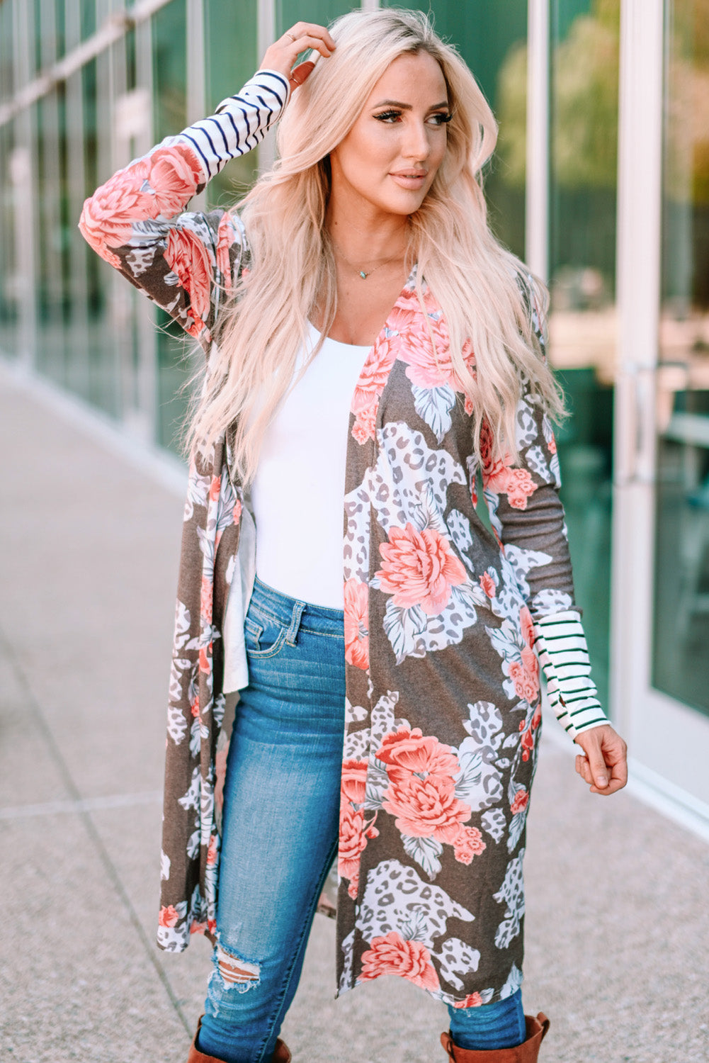 Stripe Detail Sleeve Floral Print Cardigan - NJPH Best Selling 