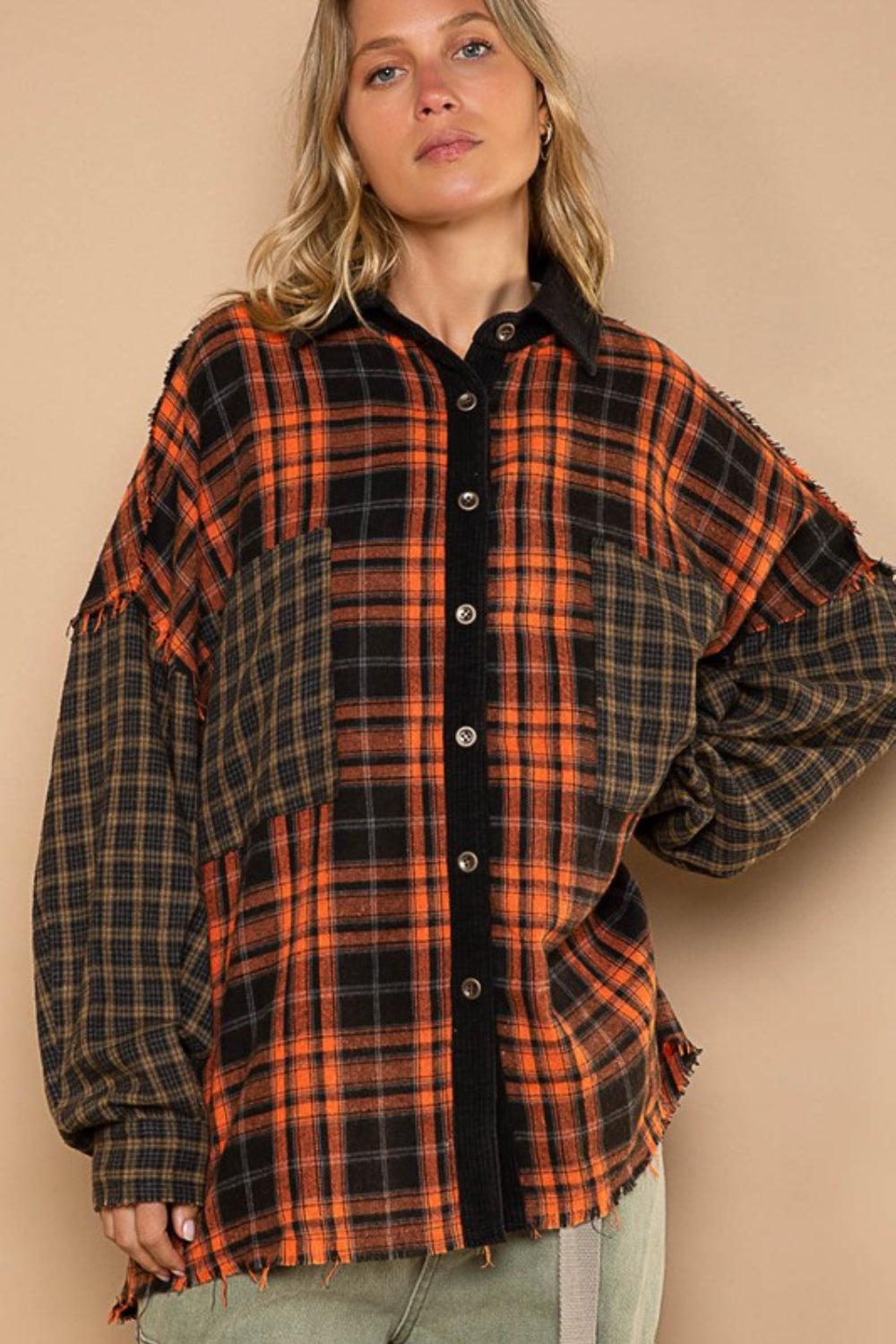 POL Plaid Contrast Long Sleeve Raw Hem Shacket with Chest Pockets - NJPH Best Selling 