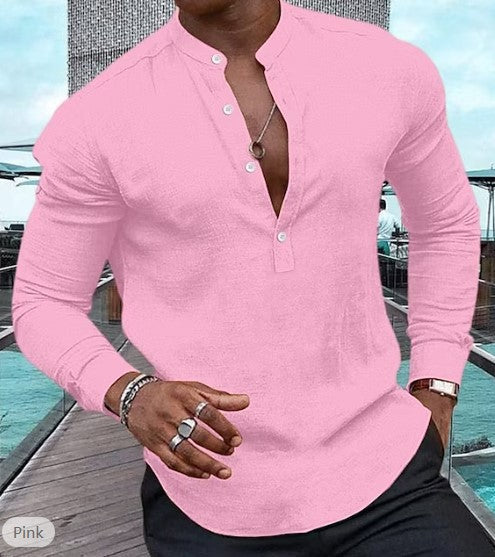 Men's Shirt Casual Long Sleeve Solid Color Cotton Linen Henley Top - NJPH Best Selling 