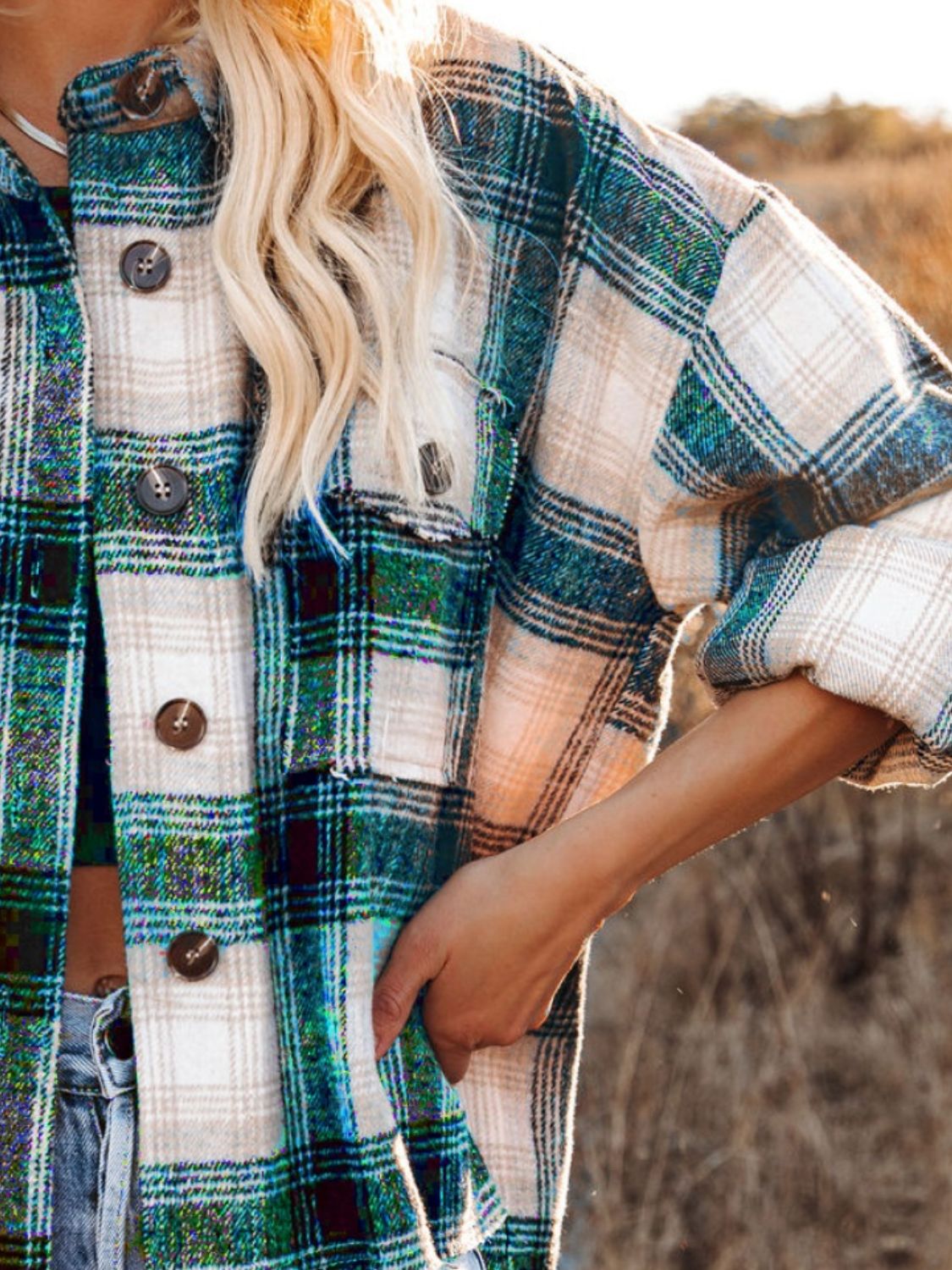 Pocketed Plaid Button Down Long Sleeve Shacket - NJPH Best Selling 