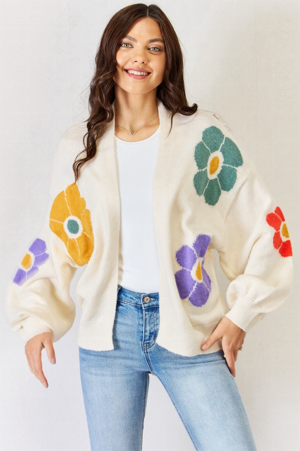 J.NNA Open Front Flower Pattern Long Sleeve Sweater Cardigan - NJPH Best Selling 