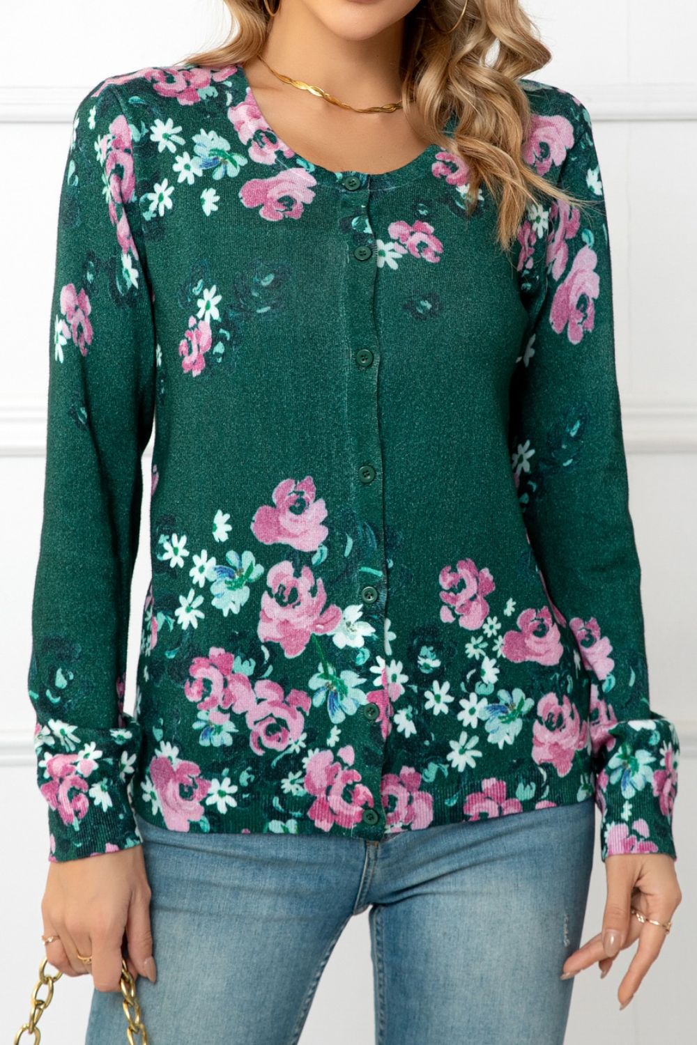 Woven Right Floral Button Front Round Neck Cardigan - NJPH Best Selling 