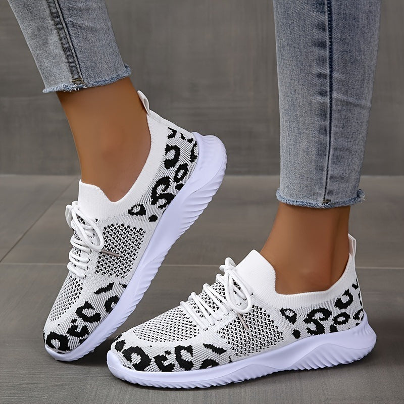 White Shoes Women Leopard Print Lace-up Sneakers Sports - NJPH Best Selling 