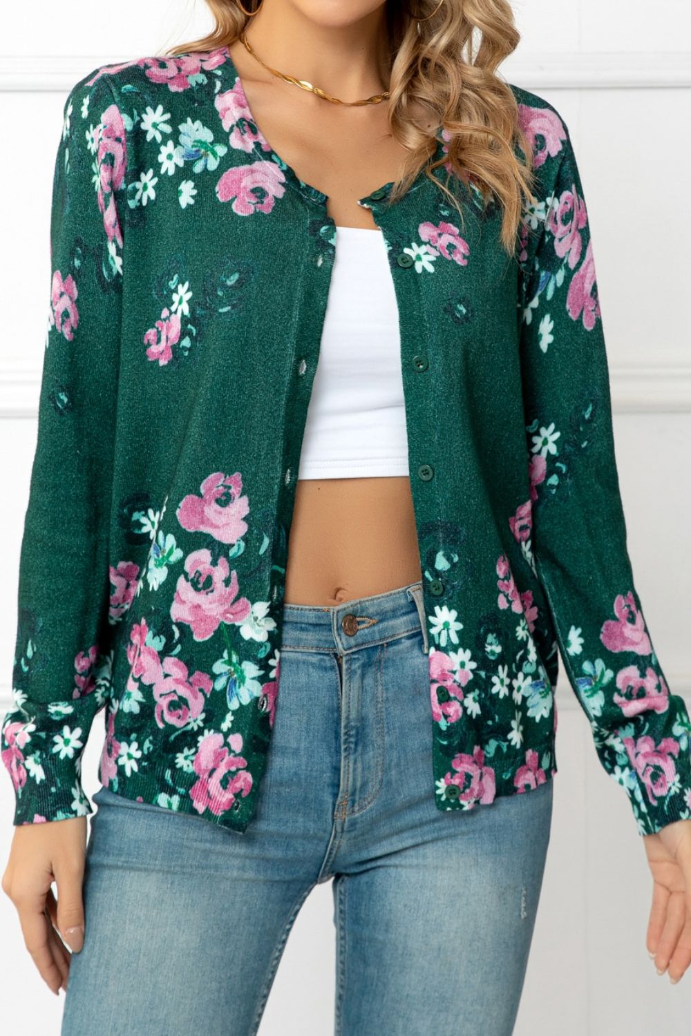 Woven Right Floral Button Front Round Neck Cardigan - NJPH Best Selling 