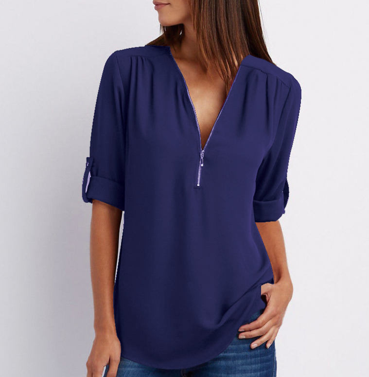 Zip V-neck Shirts Women Short Sleeve Loose Tops - NJPH Best Selling 