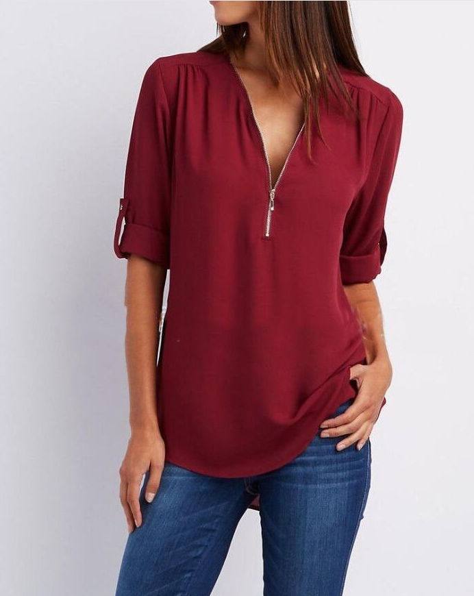 Zip V-neck Shirts Women Short Sleeve Loose Tops - NJPH Best Selling 