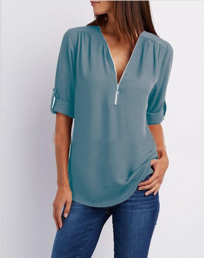 Zip V-neck Shirts Women Short Sleeve Loose Tops - NJPH Best Selling 