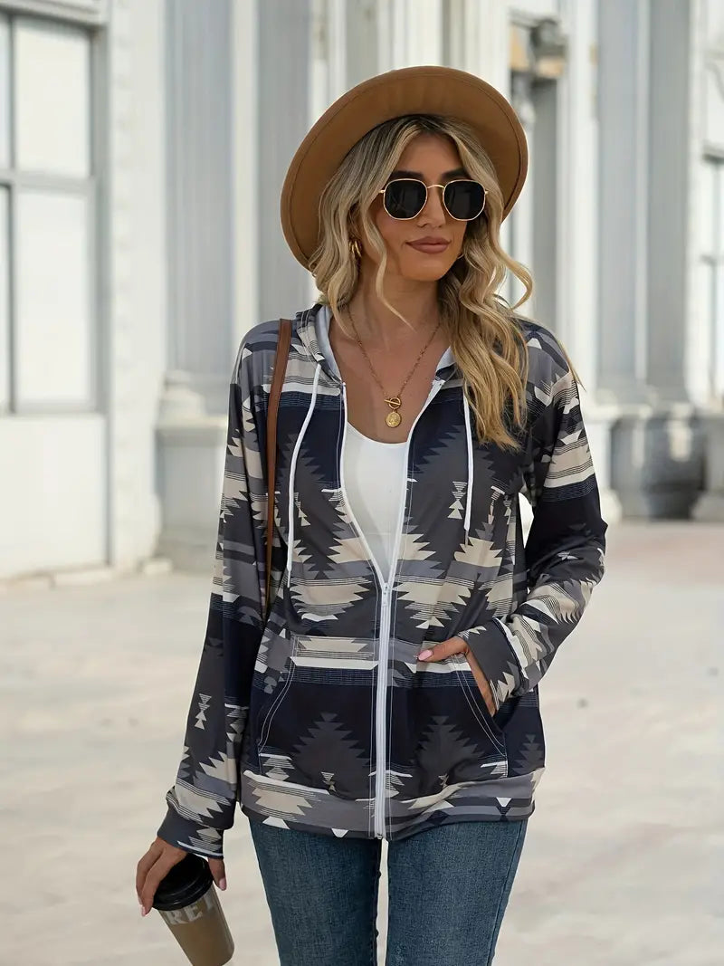 Geometric Zip Up Long Sleeve Hooded Jacket - NJPH Best Selling 