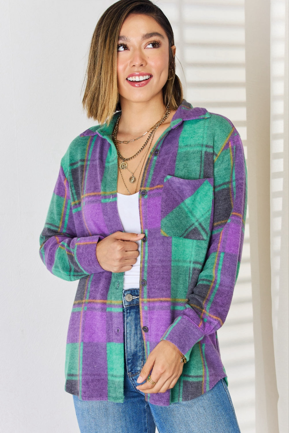 Zenana Plaid Button Up Long Sleeve Shacket - NJPH Best Selling 