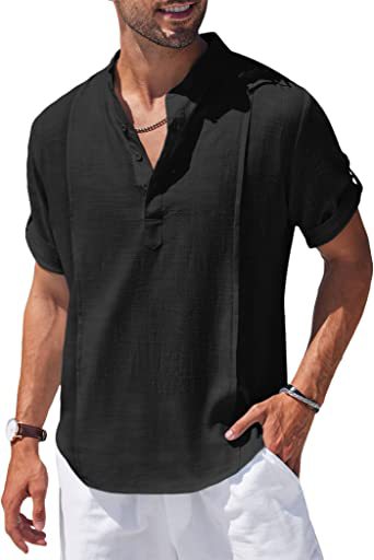 Henley Style Linen Shirt Men Casual Beach Shirt Short Sleeve T-Shirt Summer - NJPH Best Selling 