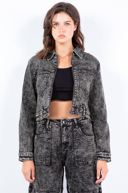 American Bazi Overdyed Bleached Zip Up Cropped Jacket - NJPH Best Selling 